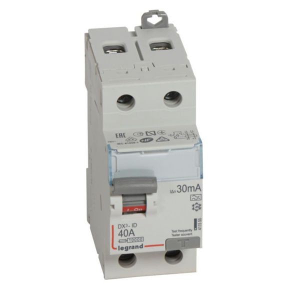 Interrupteur différentiel DX³-ID arrivée haute et départ bas à vis - 2P 230V~ 40A type A 30mA - 2 modules Legrand Réf. 411555