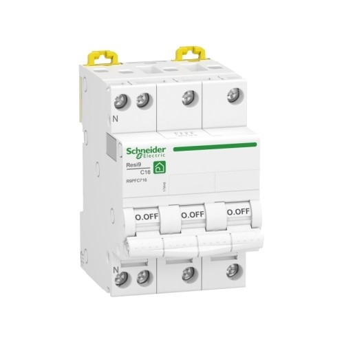 Disjoncteur modulaire Resi9 3P+N 16A Courbe C peignable Schneider Réf. R9PFC716